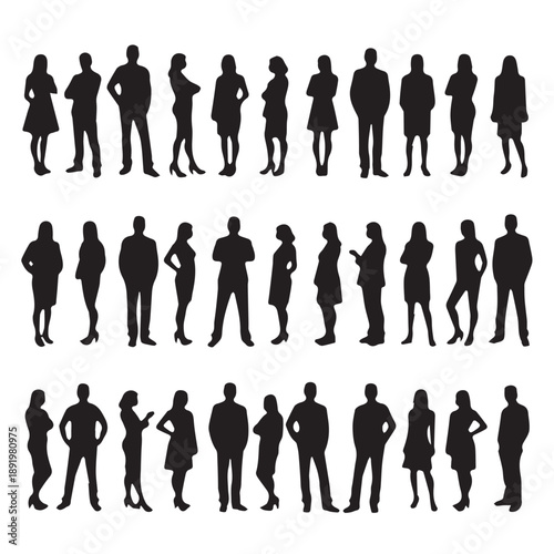 Business people , silhouettes, group of standing business men and businesswomen	
