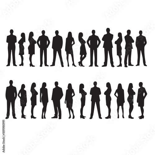 Business people , silhouettes, group of standing business men and businesswomen	

