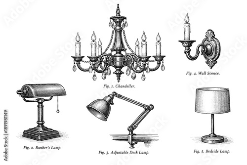 Vintage lamp collection: chandelier, banker's lamp, desk lamp, wall sconce, bedside lamp