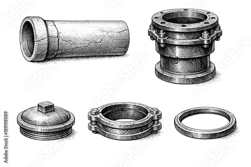 Detailed engraving of industrial pipe fittings and connectors