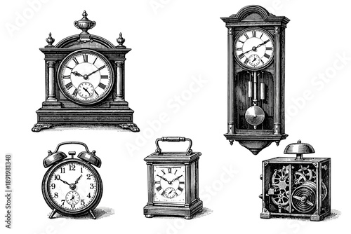 Vintage black and white collection of antique clocks showcasing intricate designs and mechanisms