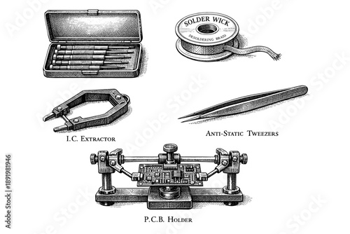 Detailed illustration of essential electronic repair tools including solder wick and pcb holder