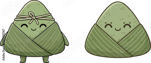 Two cute cartoon zongzi characters with smiling faces and bamboo leaf wrapping isolated on white background for Dragon Boat Festival celebration