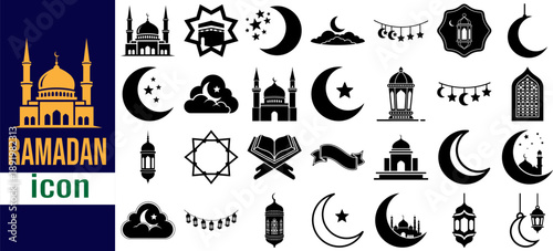 Mega Collection of 28 Islamic Icons featuring Detailed Mosque Silhouettes Crescent Moons with Stars Ornate Lanterns and Quran Holy Book Symbols for Ramadan Kareem
