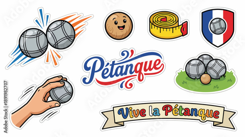 Pétanque game elements with balls, hand, and accessories in colorful style  