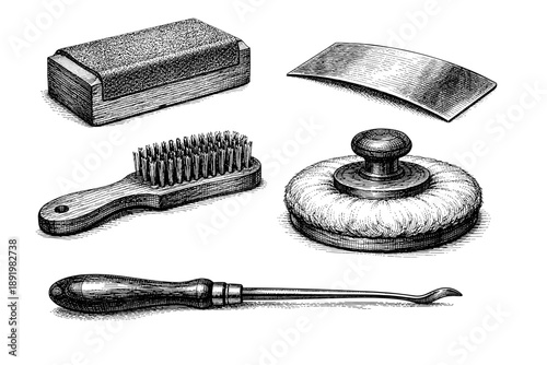 Vintage shoe care tools collection - brushes, buffers, polishers, curved blade, wooden handles