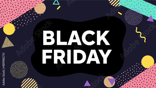 Black Friday sale announcement with colorful geometric shapes  