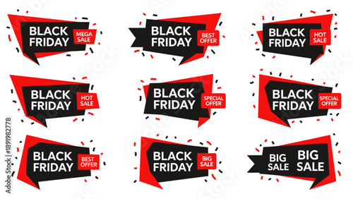 Black Friday sale promotion banners in red and black design  