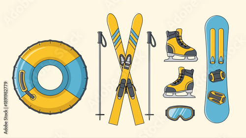 Sport equipment: skis, snowboard, ice skates, and float ring in yellow  