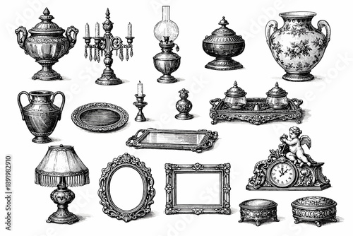 Collection of vintage ornate decor items: clocks, vases, frames, candelabras, and lamps