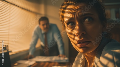 Stressed woman showing fear in office, experiencing workplace intimidation and a threatening situation with her boss