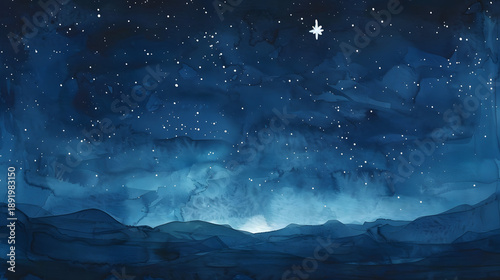 flat watercolor painting single star in deep blue