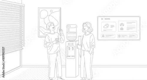 Two coworkers chatting near water cooler in office environment  