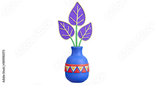 3D Rendered Blue Vase with Purple Leaves