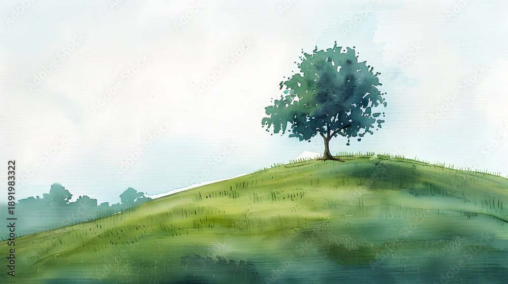 Fototapeta premium flat watercolor painting single tree on grassy