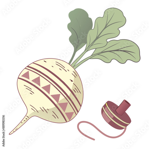 Realistic huge turnip vegetable being spun like a traditional wooden top toy on the floor