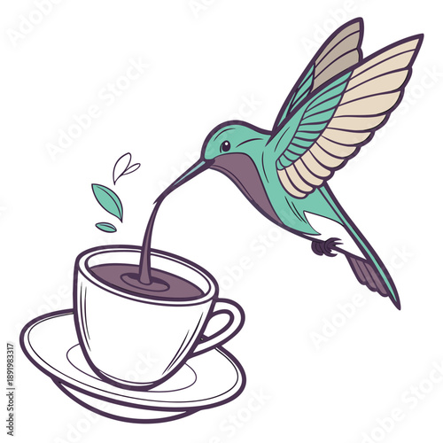 Realistic hummingbird hovering over a ceramic mug, refilling it with fresh hot coffee