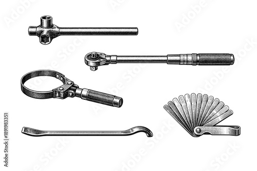 Set of vintage hand tools: ratchet wrench, hook spanner, tire iron, allen keys