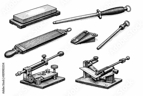 Vintage knife sharpening tools collection: stones, rods, and angle guides