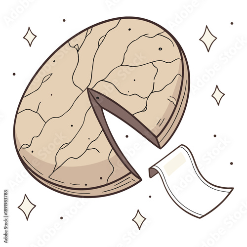 Realistic oversized golden fortune cookie dispensing a giant paper fortune strip