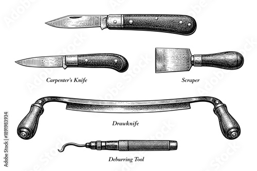 Vintage woodworking tools: carpenter's knife, scraper, drawknife, deburring tool