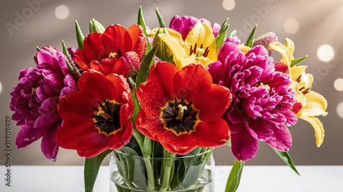 Beautiful Spring Floral Arrangement of Red Tulips, Pink Peonies, and Yellow Lilies with Water Drops
