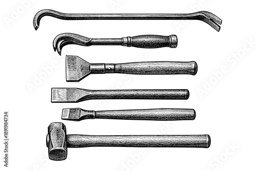 Vintage hand tools: crowbars, chisels, and hammers in classic design