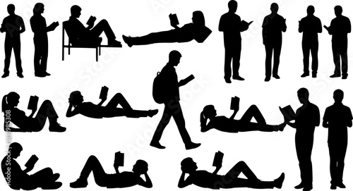 Collection of People Silhouettes Reading Books in Different Poses Including Sitting Lying and Standing Positions for Education Literature and Library Concept Vector Illustration