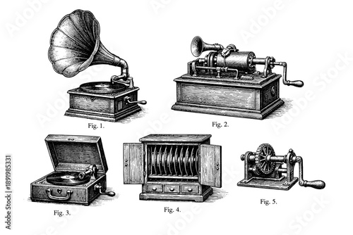 Antique phonographs and early audio devices illustration