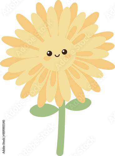 Cute yellow flower character with happy face and blushing cheeks in flat kawaii style isolated on white background for spring and nature design.