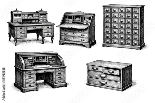 Vintage wood office furniture set with desks and filing cabinet illustrations
