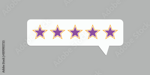 Five-Star Review Icon With Purple Stars Inside Speech Bubble On Gray Background.