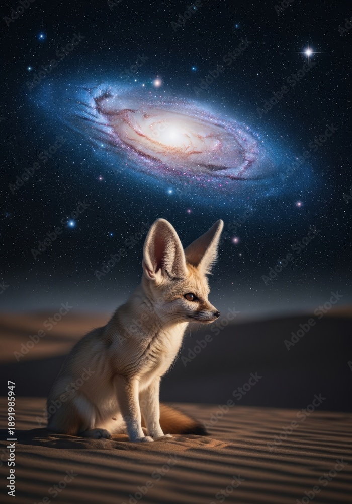 Fototapeta premium A small Fennec fox sits alertly in the dark desert sand, its huge ears catching sounds under a brilliant, expansive galaxy of stars, desert fox, outdoor., animal
