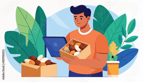 Man holding cardboard box with food.
