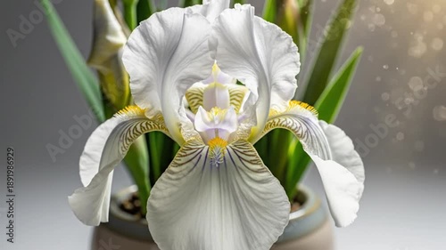 Close up view of elegant white iris flower in a pot with beautiful intricate patterns and details