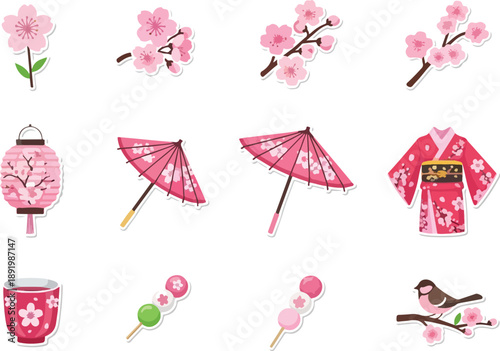 Collection of Japanese cultural elements including cherry blossoms, parasols, and traditional clothing in a festive scene