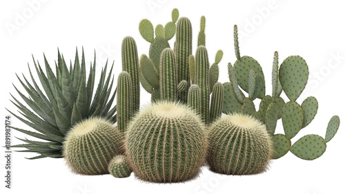Assorted desert cacti collection isolated on transparent background