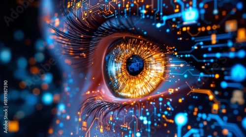 Digital futuristic eye perceives abstract data streams of blue and orange light