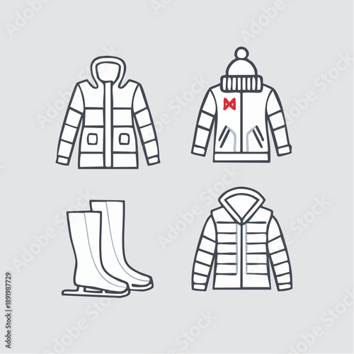Collection of Winter Clothing Items Including Jackets, Boots, and Hoodies Illustrated in Simple Line Art Style