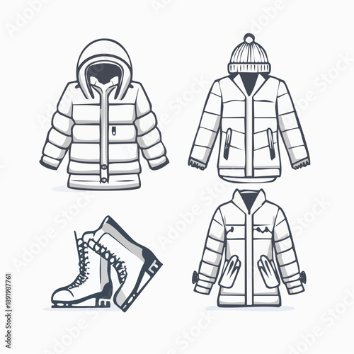 Winter clothing illustrations featuring jackets and ice skates in a clean graphic style viewed from the front.