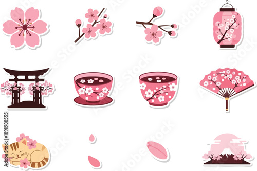 Collection of Japanese-themed illustrations featuring cherry blossoms, tea, and traditional elements from various viewpoints