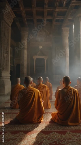 a row of Buddhist monks in saffron robes, seated in meditation