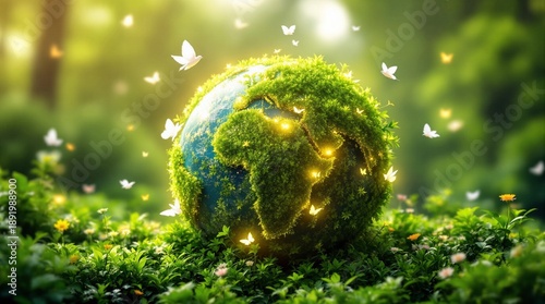 Lush green earth globe covered in vibrant moss surrounded by glowing butterflies