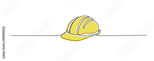 Line art illustration of a yellow construction safety helmet. Hand drawn continuous line representing workplace safety, construction industry, and protective equipment.