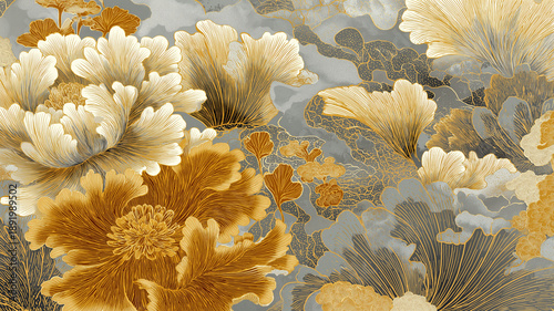 高級感あふれる和の背景素材、金彩調の植物モチーフが織りなす繊細な装飾、動画のオープニングや和風コンテンツに最適なビジュアル。