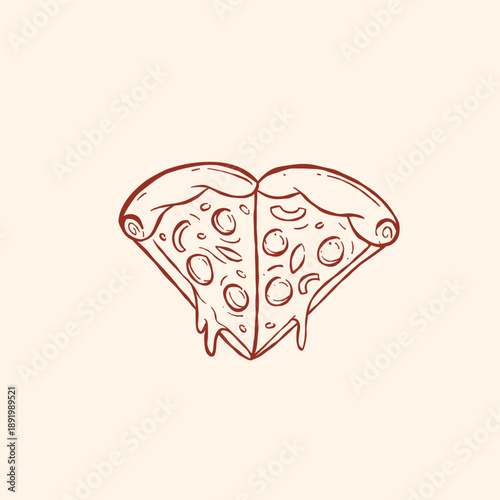 love shape two pizza slices illustration in hand drawn outline doodle style sketch