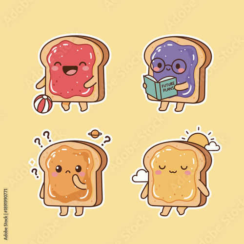 Set of cute toast bread characters with different jam toppings and expressions, funny kawaii food stickers for breakfast and bakery design