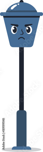 Funny cartoon street lamp character with an angry face expression, grumpy blue lamppost vector illustration for urban lighting concept art.