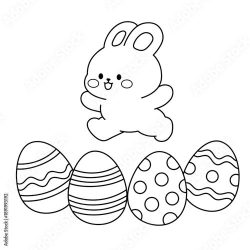 Coloring Page of a Happy Bunny Jumping Above Decorated Easter Eggs