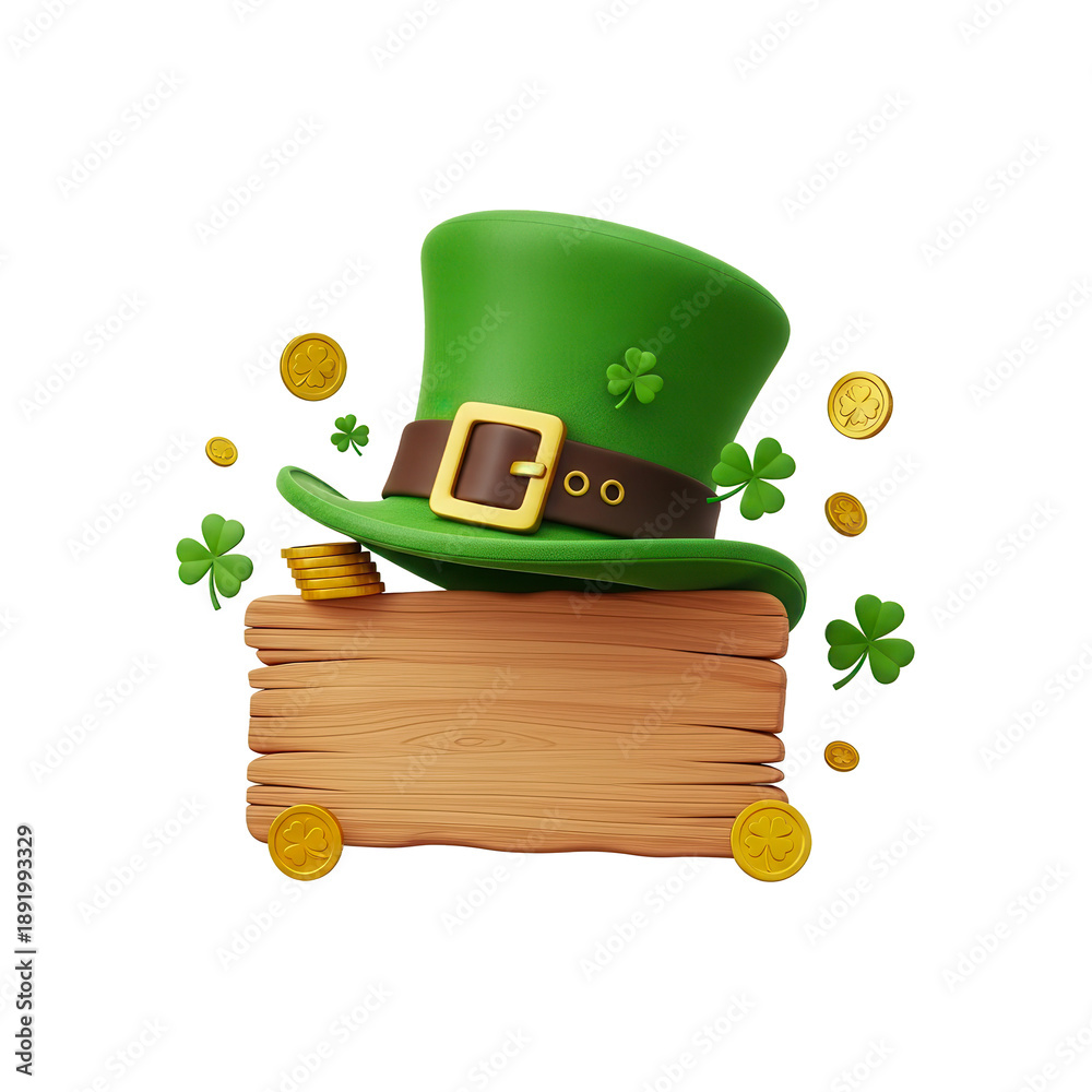 Fototapeta premium Green leprechaun hat with gold coins and shamrocks on a wooden sign.
